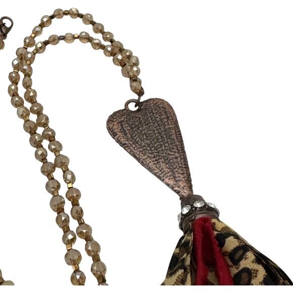 Leopard Heart Tassel Beaded Necklace Gold Rhinestone Leopard Red - Picture 6 of 6